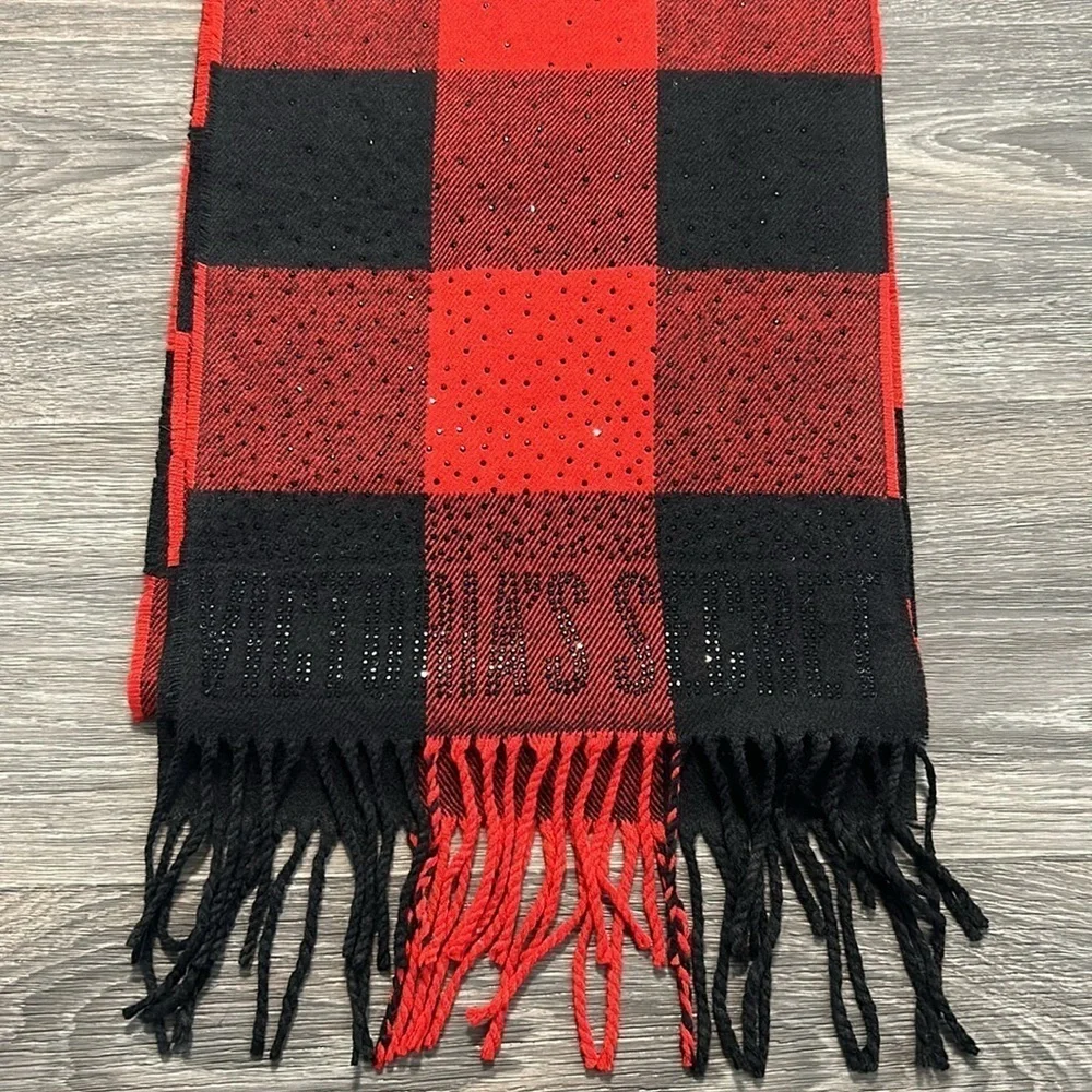 Victoria’s Secret Rhinestone Red Black Buffalo Plaid Scarf Sparkle Christmas